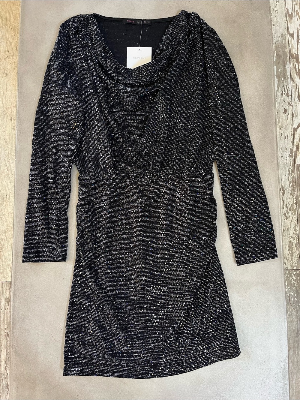 Fraiche by J Black Sparkle Sequin Cowl Neck Long Sleeve Mini Dress Size M